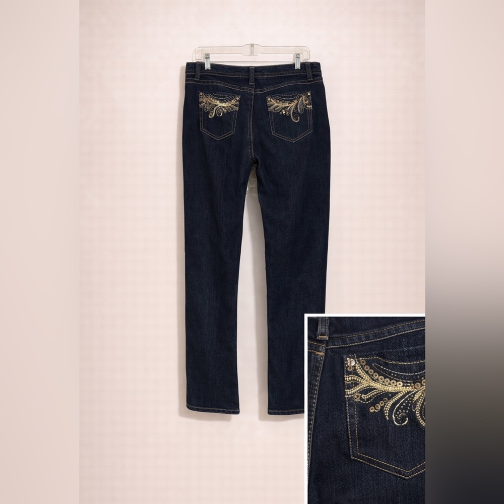 Roz & Ali Dark Blue Straight Leg Jeans with Gold Embroidery